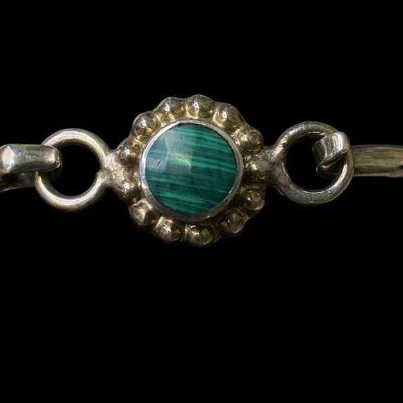 Vintage Malachite Taxco Mexico Sterling Silver 925 Hook Lock Bracelet Bangle - Picture 2 of 7